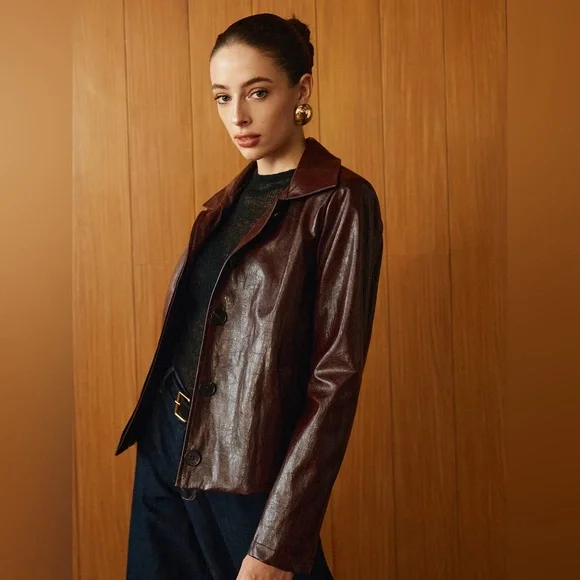 Commense Faux Leather Zipper Short Polo Jacket - Picture 4 of 15